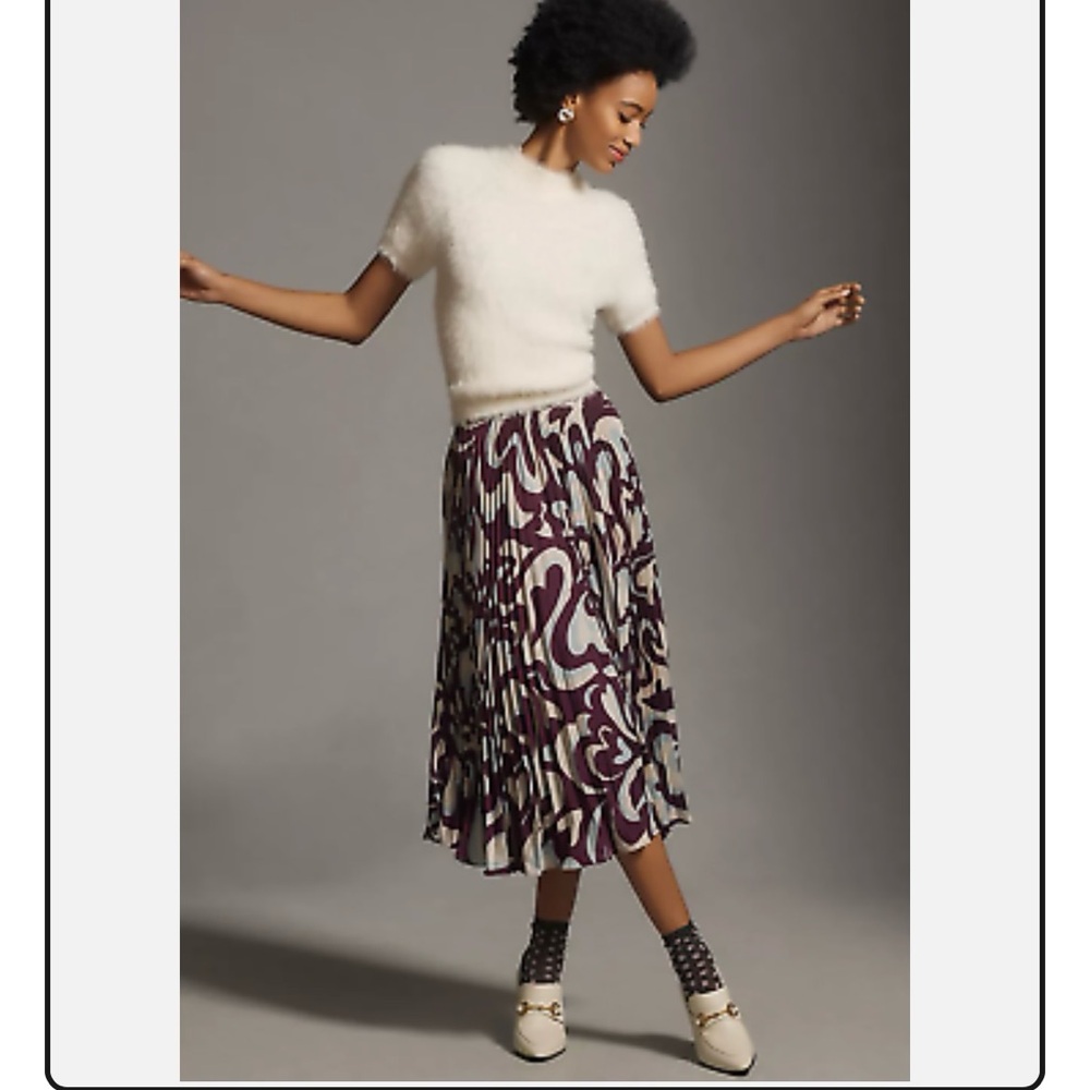 NWOT Anthropologie Valerie Pleated Skirt by Maeve Medium Purple Blue‎ Cream Midi